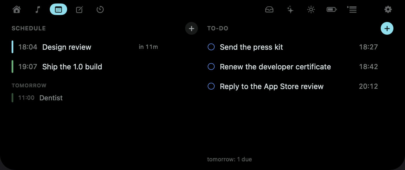 Your day, one hover away — Today pane · schedule and to-dos